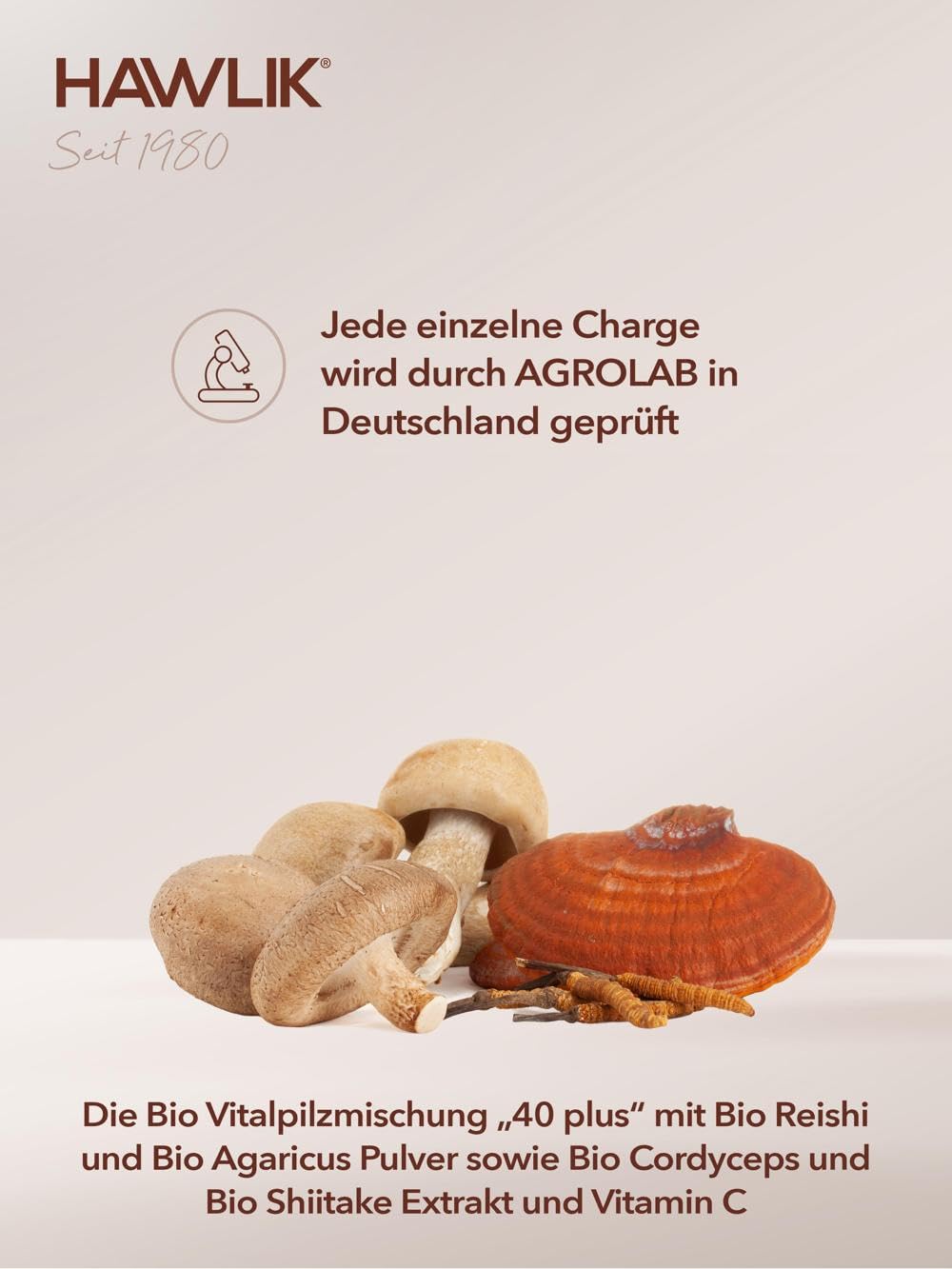HAWLIK 40-Plus Bio Vitalpilzmischung 240 Kapseln, Mit Vitamin C, Kombination aus Reishi, Cordyceps Sinensis, Shiitake, Agaricus, Natürlicher Anbau, Vegan