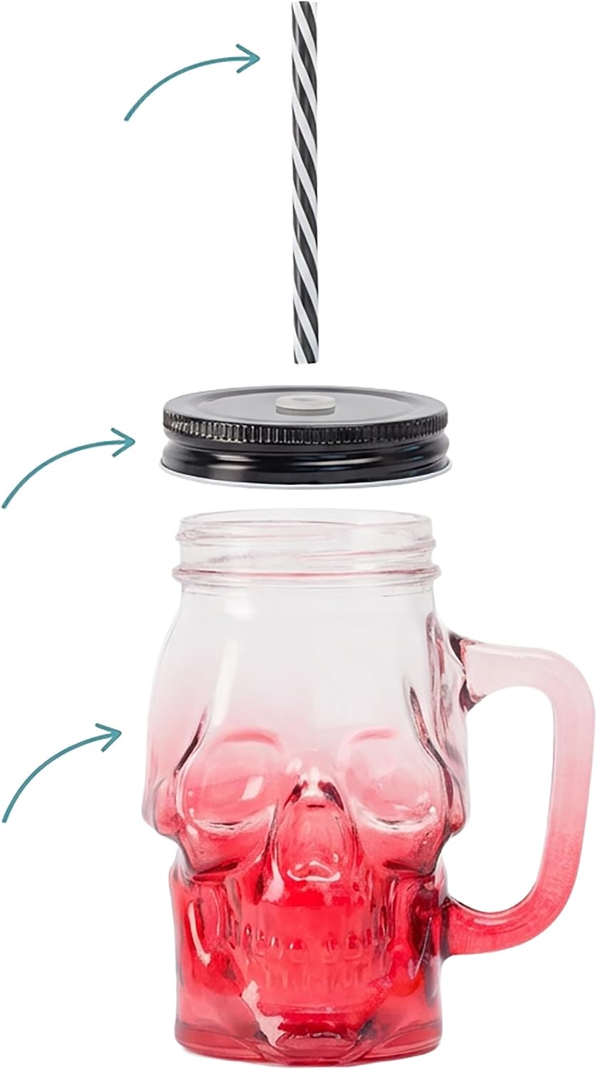 Relaxdays Drinking Glasses with Lid and Straw, Set of 4, 500 ml, Skull, Screw Cap, Handle, Glass Cup, Colourful