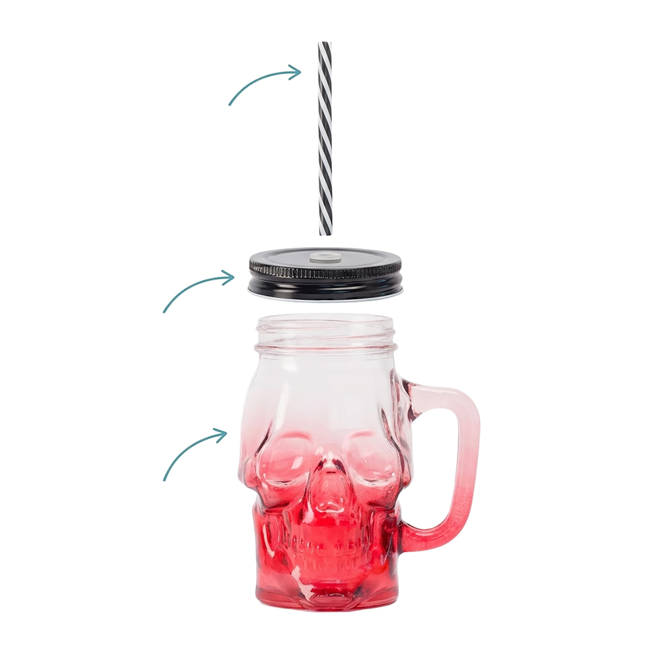 Relaxdays Bicchieri con Coperchio, Cannuccia e Manico, 4 Pezzi, 500 ml, Teschio, Tappo a Vite, Vetro Multicolore