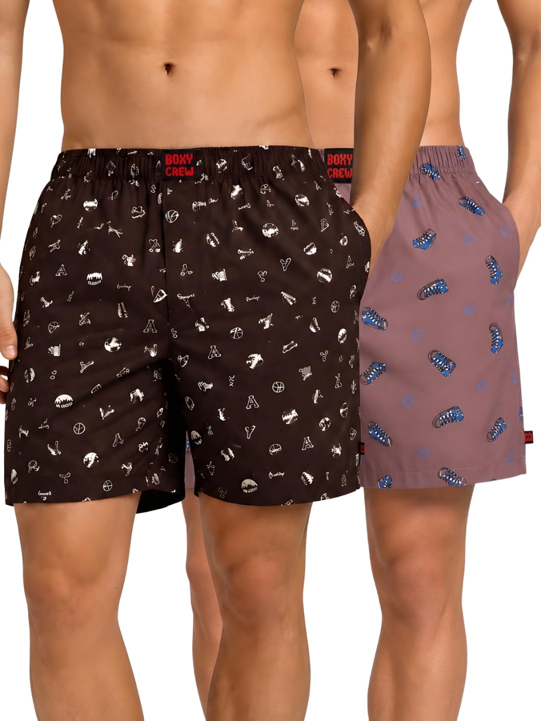 Men Boxer Shorts Pack of 2, 100% Cotton Woven Boxers, Brown & Mauve, Printed Designs, Dual Side Pockets, No-Marks Inner Elastic Waistband, Relaxed Fit Lounge & Sleep Shorts-image-21