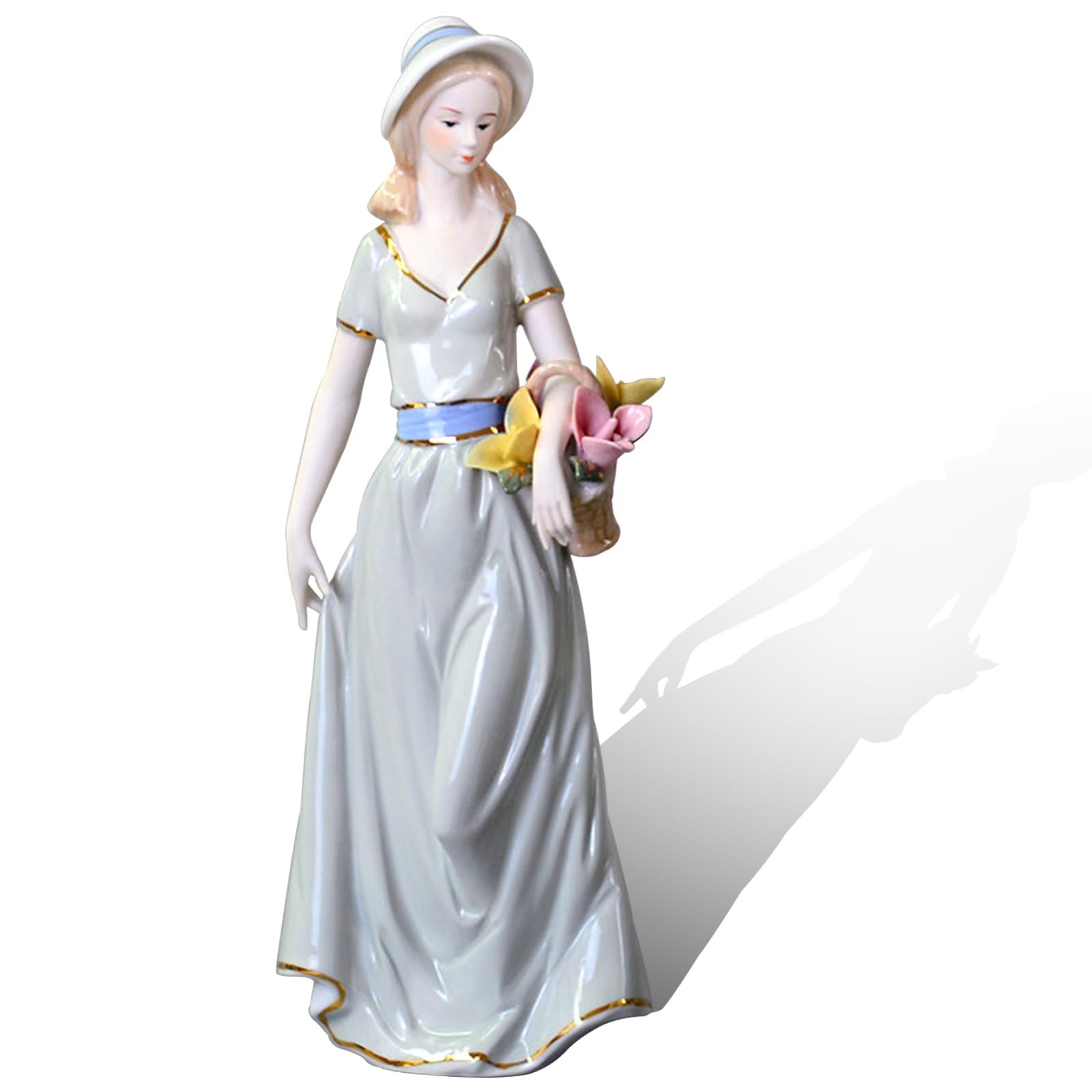 Decoración Arte Estatua Escultura - Cesta de porcelana Figuras de niña de las flores Ramo Estatuas Escultura de cerámica, Figura de decoración de escritorio, Decoración del hogar de dama, Vestido de