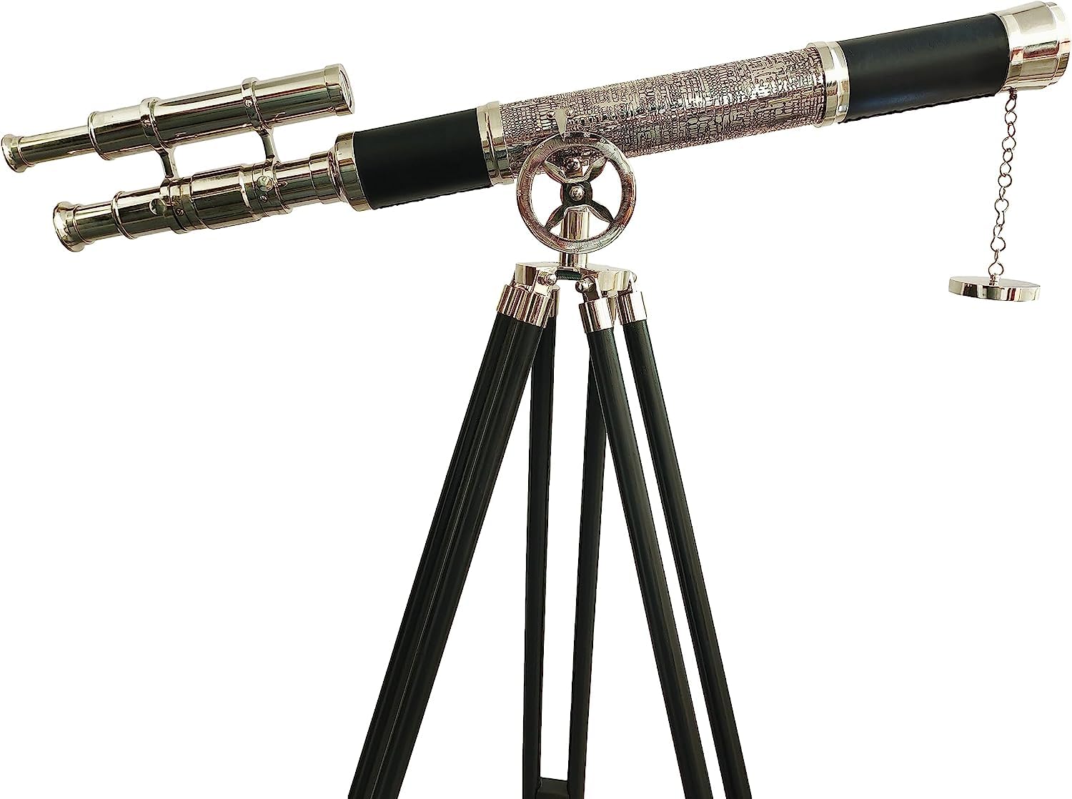 Vintage Look Double Barrel Brass Chrome/Nikel Black Leather Telescope Retro Style Nautical Adjustable Brown Wooden Tripod Stand Adjustable Brown Wooden Tripod Stand