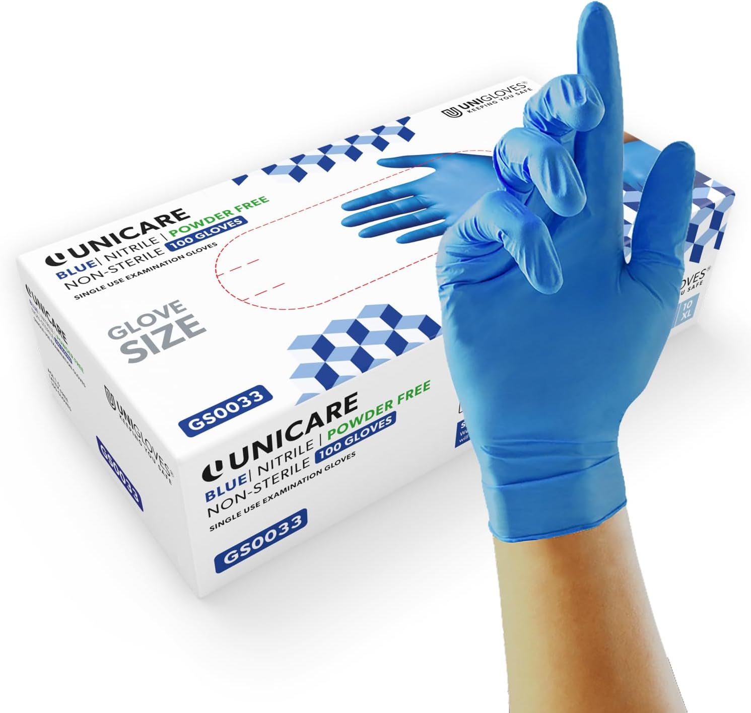 Unigloves Unicare GS0031 Nitrile Powder- Medical Examination Gloves, Blue, Extra Small, Pack of 100