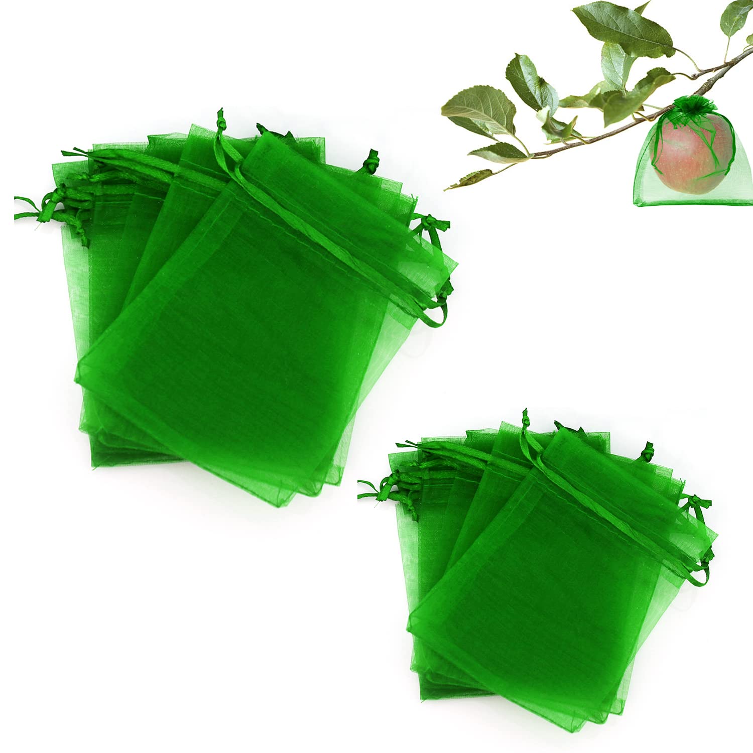 BEIIEB Fruit Protection Bags, Pack of 40 (30 x 20 cm, 10 x 17 cm), Transparent, Drawstring, Organza, Green, For Grapes, Fruit Cucumbers, Tomatoes, Strawberries, Apples, Cherries