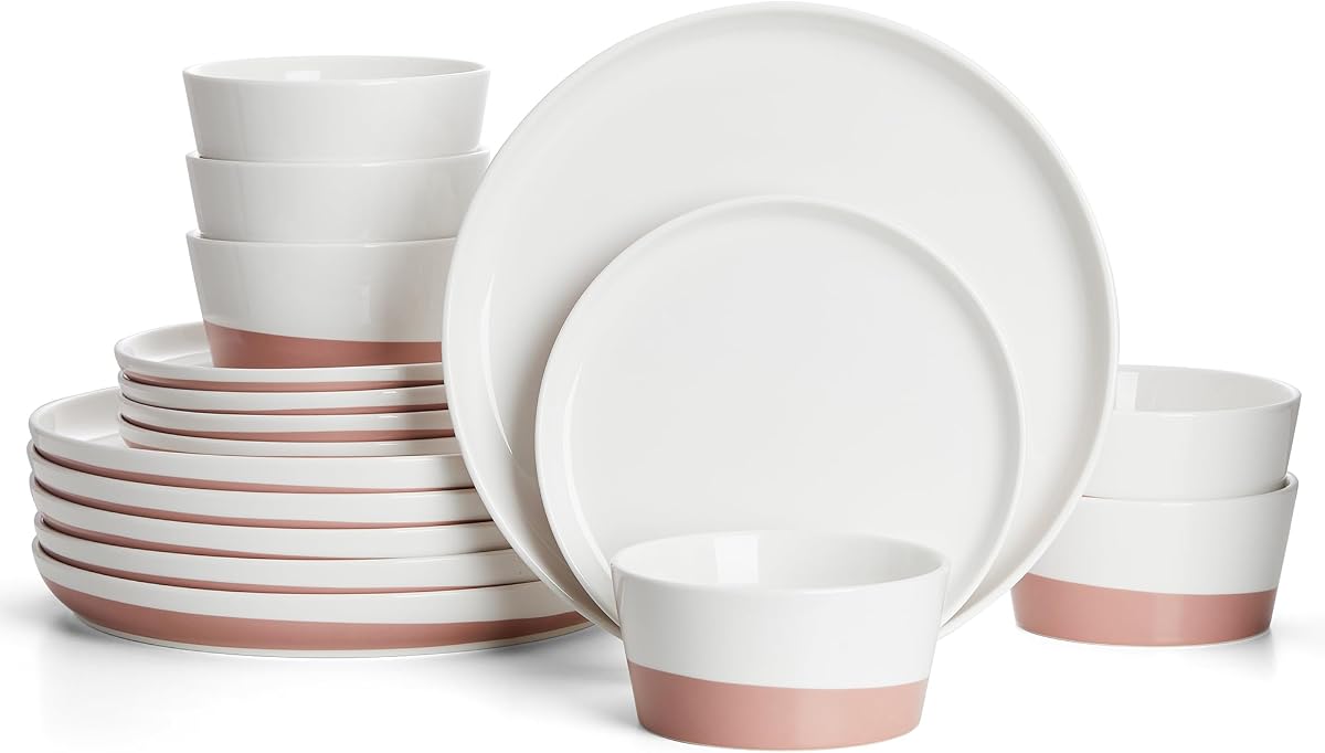 Sweese Plates and Bowls Set, Porcelain Dinnerware Sets for 6, 18 Pieces Handcrafted Glaze Dishes, Chip and Scratch Resistant, Microwave Oven & Dishwasher Safe Dishwasher Safe, White & Pink