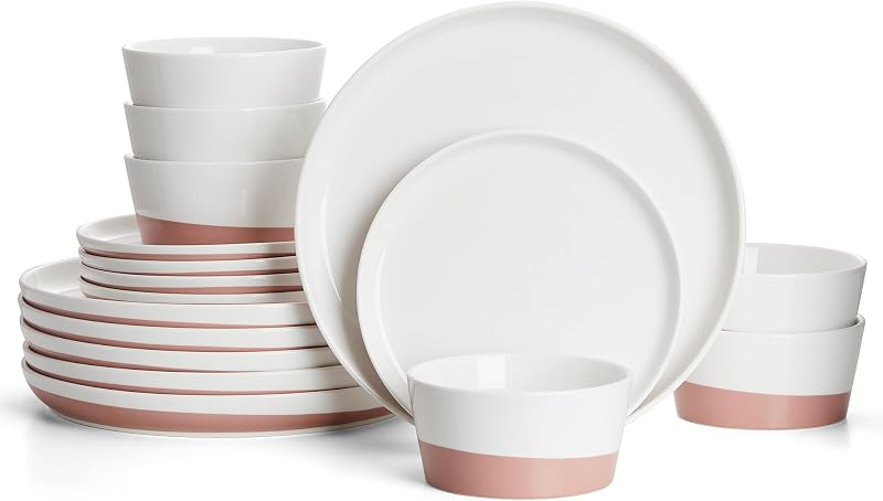 Sweese Plates and Bowls Set, Porcelain Dinnerware Sets for 6, 18 Pieces Handcrafted Glaze Dishes, Chip and Scratch Resistant, Microwave Oven & Dishwasher Safe Dishwasher Safe, White & Pink