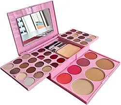 Kit de Maquiagem Profissional com 24 Sombras, 4 Blush, 3 Pó Compacto, 3 Pincéis, Espelho, Rosa