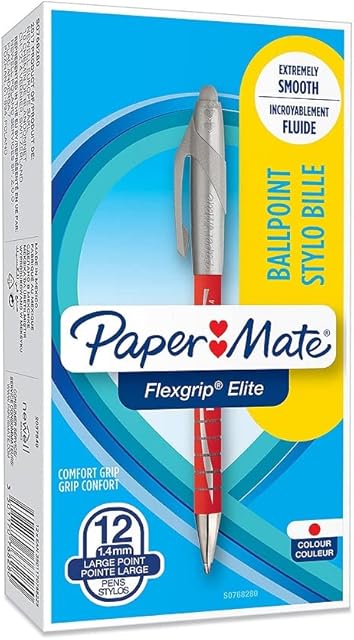Paper Mate Flexgrip Elite Ballpoint Pens | Medium Point (1.4 mm) | Red | Retractable | 12 Count