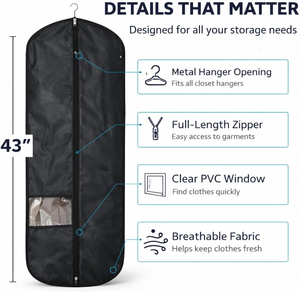 FUYIHGL® 20-Pack Garment Bags for Hanging Clothes – 43" Breathable Black Suit Bags for Closet Storage with Clear Window – Dust Cover for Shirts, Jackets, Sweaters & Coats – Closet Organization System