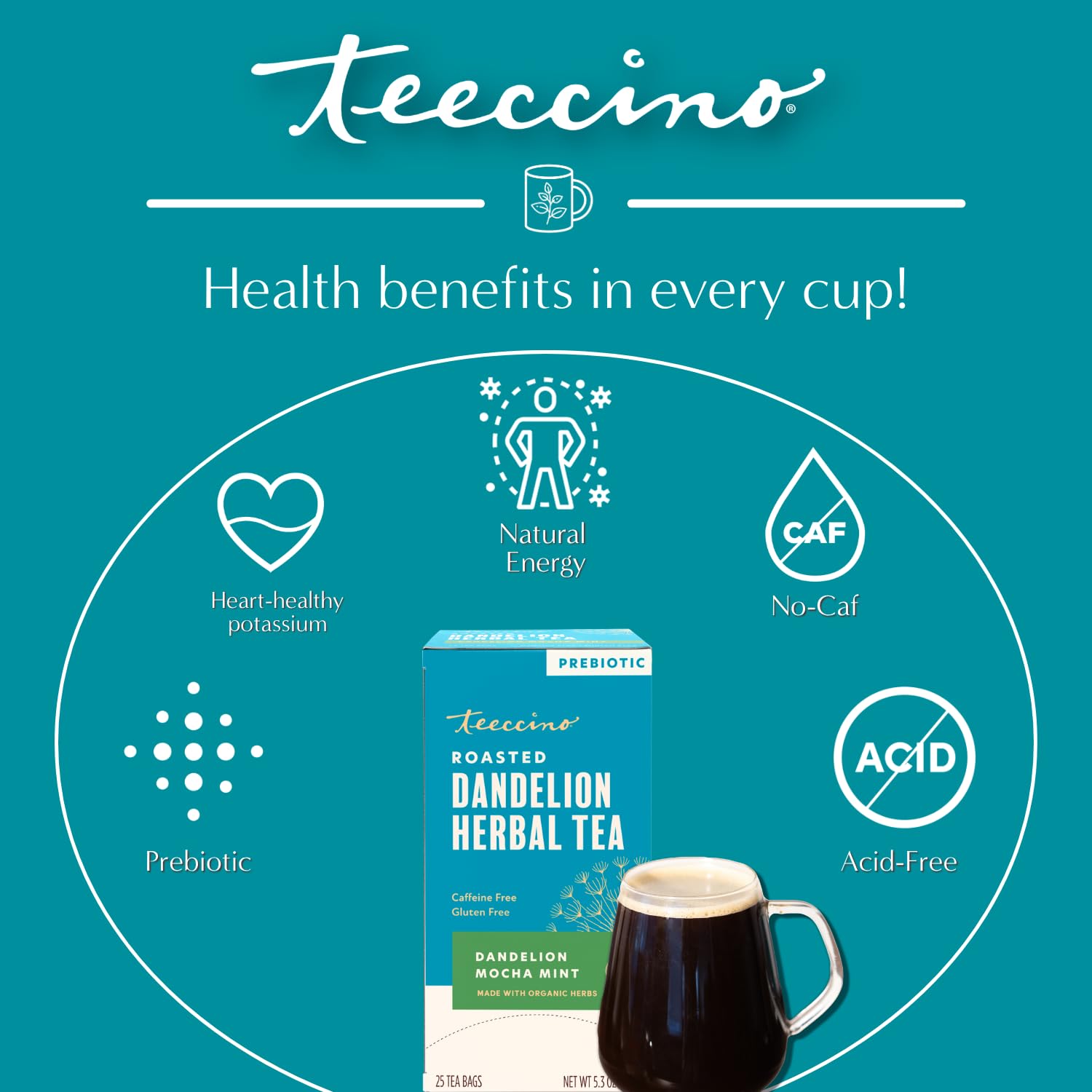 Teeccino Dandelion Root Tea - Mocha Mint - Caffeine Free, Roasted Herbal Tea with Prebiotics, 3x More Herbs than Regular Tea Bags, Gluten Free - 25 Tea Bags
