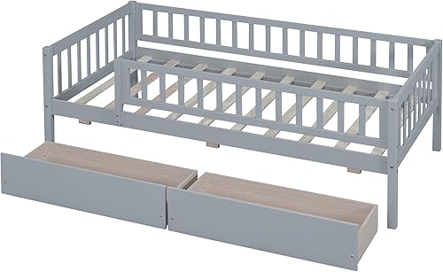 Miniatura 4 de DEINPPA Cama individual con cajones, sofá cama para niños con almacenamiento, marco de cama de madera con listones para niños y niñas, color gris