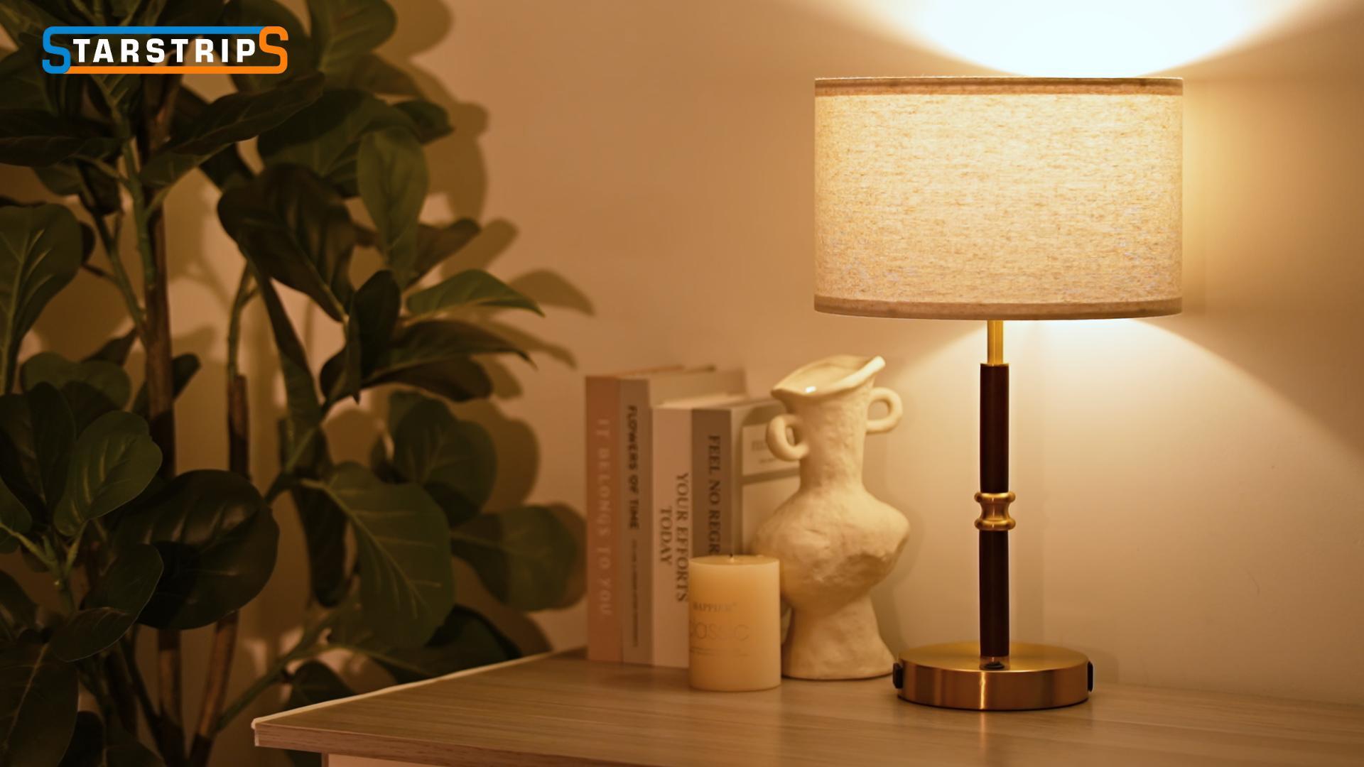 Image of Table Lamp for Bedroom with USB & AC Outlet, Bulb Not Included | 19.3 inch Wood & Metal Mid Century Lamps Table Lamp for Living Room,Bedside Table Lamp with Linen Shade, Weighted Base,Home Decor