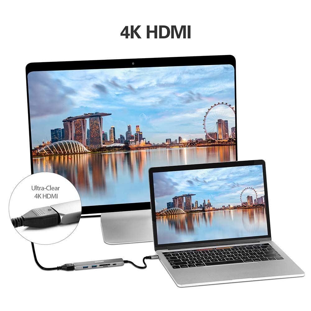 Zendure 6-in-1 Slim USB-C Charging Hub (Adaptador de aluminio con 4K USB-C a HDMI, Lector de tarjetas MicroSD/SD y 2 puertos USB 3.0, compatible con MacBook, iPad, Chromebook, XPS y muchos más), Plata