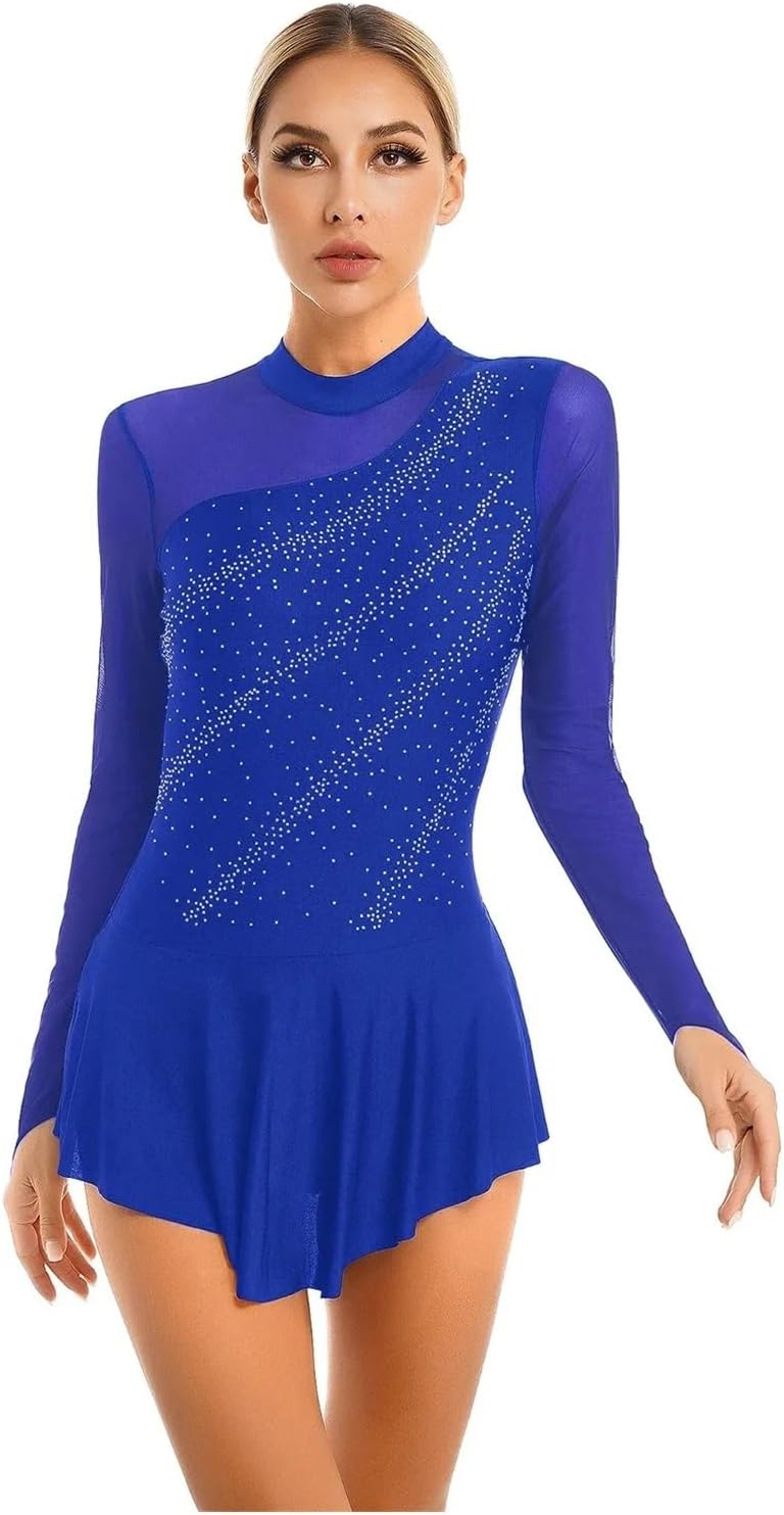 Figure Ice Skating Dress Women Gymnastics Skirted Leotard Shiny Rhinestones Ballet Dancewear Figure Skating Dress
