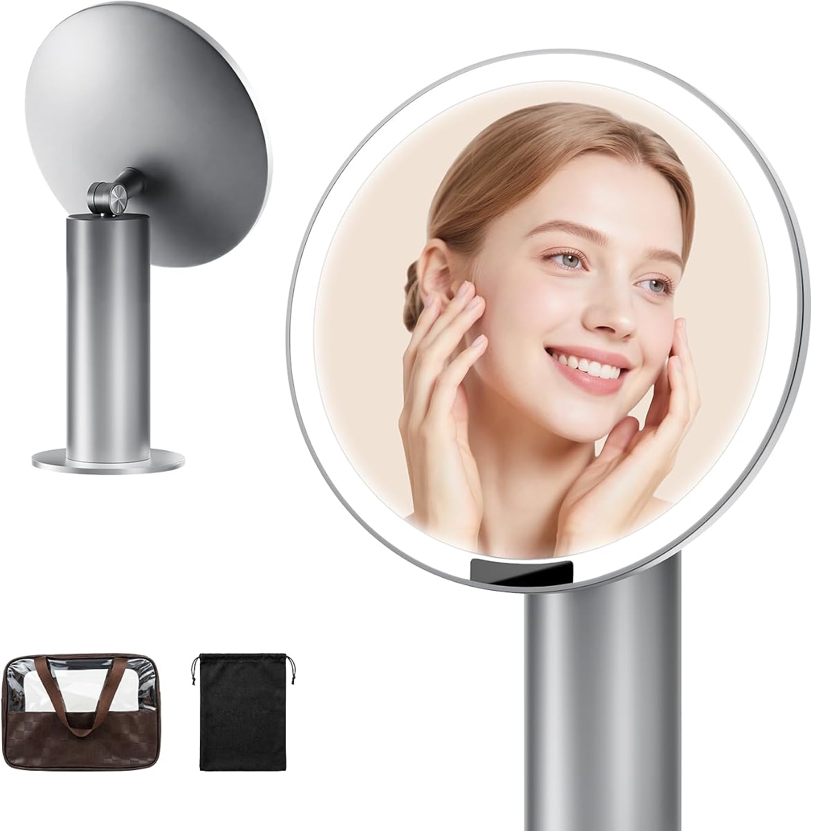 SJZX Espejo de maquillaje de viaje con luces y aumento de 10X, espejo de maquillaje iluminado recargable plateado con estuche de viaje, pantalla táctil de 70 LED, espejo de tocador portátil regulable para escritorio