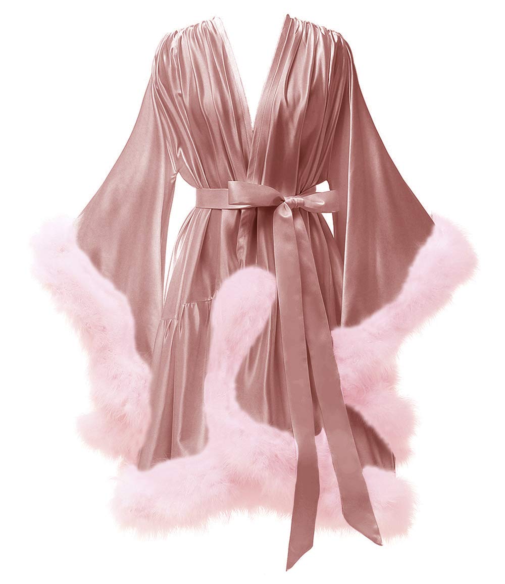 yinyyinhsWomen's Feather Robe Silk Satin Bridal Dressing Gowns Short Nightgown Bathrobe Sleepwear Maternity Robe