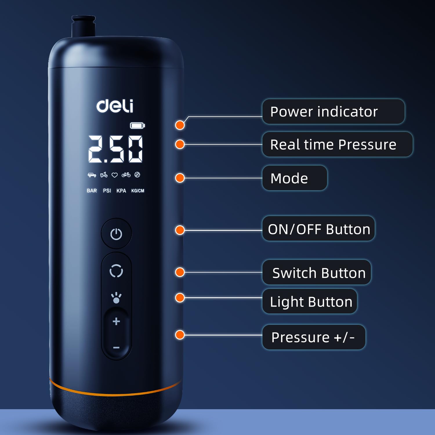 Deli Compresseur d'air portable sans fil avec batterie de 5400 mAh, pompe à pneu de 150 PSI pour pneus de voiture, moto et vélos avec double écran LED, noir