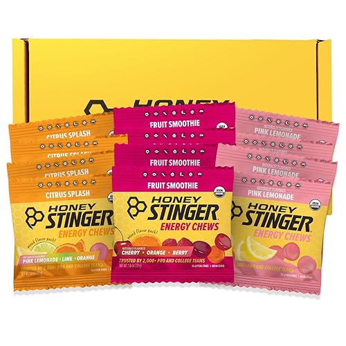 Honey Stinger Organic Energy Chew - Paquete variado de 4 batidos de frutas, salpicaduras de cítricos y limonada rosa, sin gluten y sin cafeína,