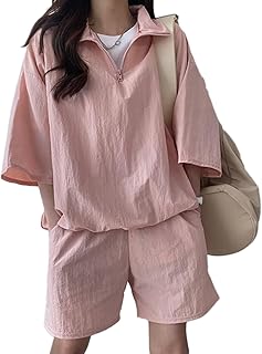 TENCOCO Camisa de Manga Corta con Cuello en V y Cremallera, Pantalones Cortos elásticos de Cintura Alta, Traje Informal de Moda, Pantalones Cortos de Color sólido en Rosa