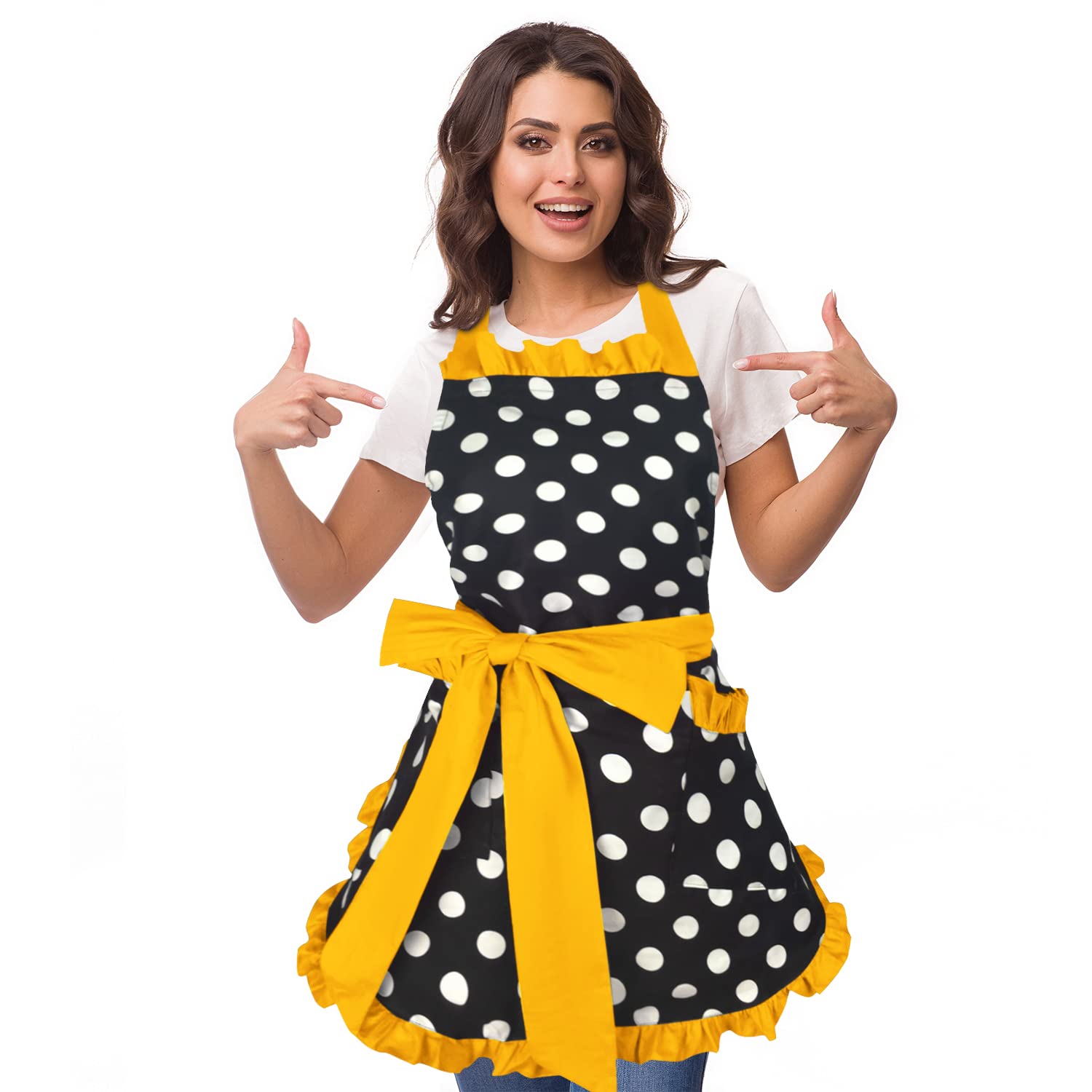 Violet Mist Cute Sweetheart Vintage Apron for Women Girls Polka Dot Retro Stylish Apron Sexy Black Dress 50s Aprons Lace Ruffle Adjustable Neck Strap Flirty Aprons Halloween Christmas Mothers Gifts: Yellow