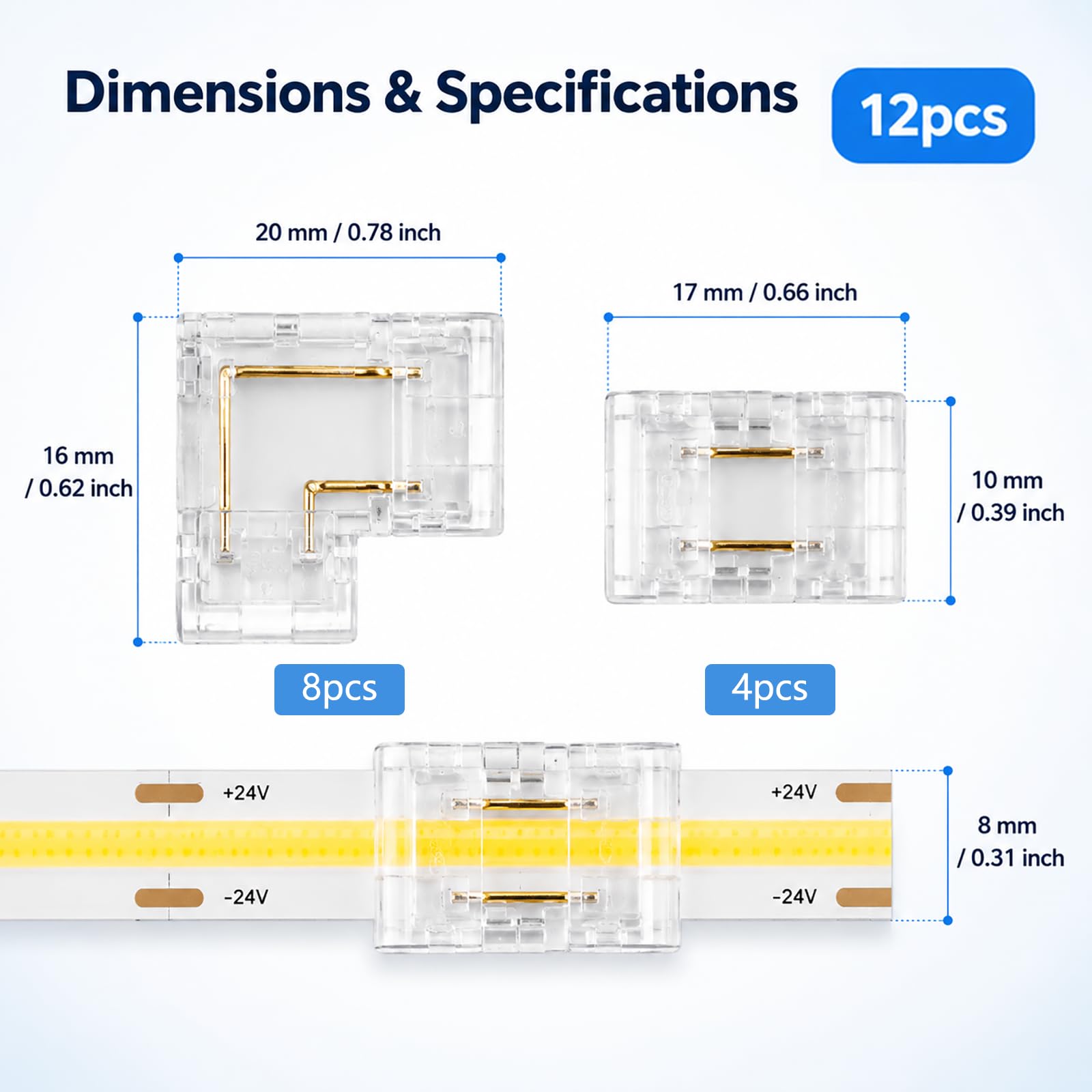 12 Stück COB LED Streifen Verbinder 2 Pin 8 mm, Set mit 8 L-Form Eckverbindern und 4 I-Form Mittelverbindern, Transparente Lötfreie Lichtband Connectoren für 5-24 V Innenbeleuchtung, Nicht IP65