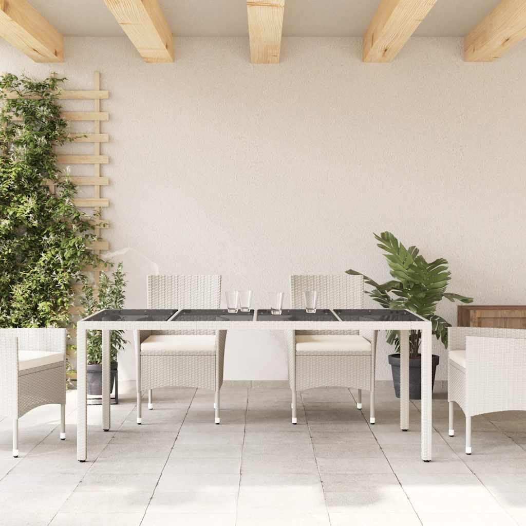 Stół ogrodowy ze szklanym blatem, biały, 190 x 90 x 75 cm, polirattan, stal malowana proszkowo, wytrzymały, odporny na warunki atmosferyczne, na balkon, taras, do ogrodu, na zewnątrz