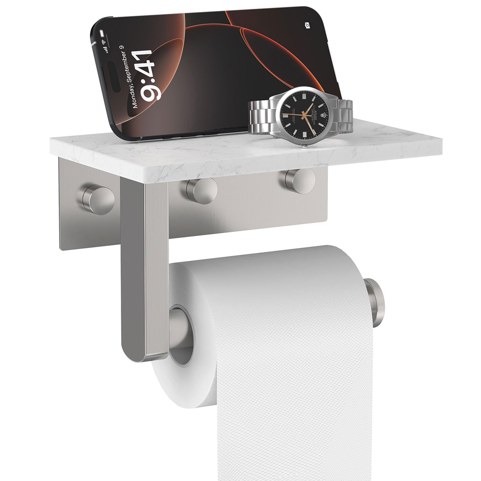 Brushed Nickel Toilet Paper Holder with Marble Shelf Tissue Roll Holder