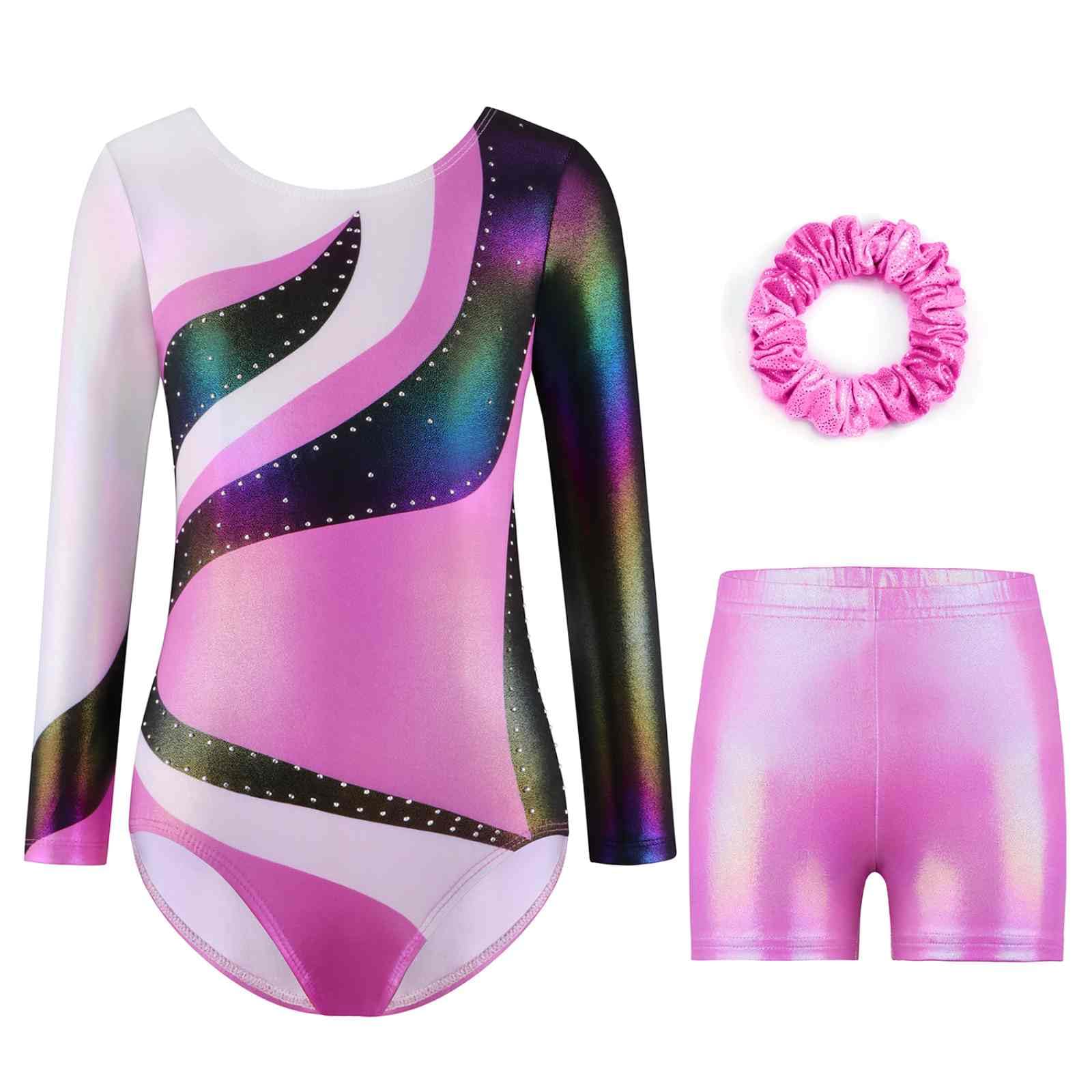 Gogokids Driedelige gymnastiekpak voor meisjes, lange mouwen, gymnastiekset met shorts en haarband, glinsterend balletpakje met kleurverloopdesign, voor 3-12 jaar, 130(120-130 cm,8-9Y