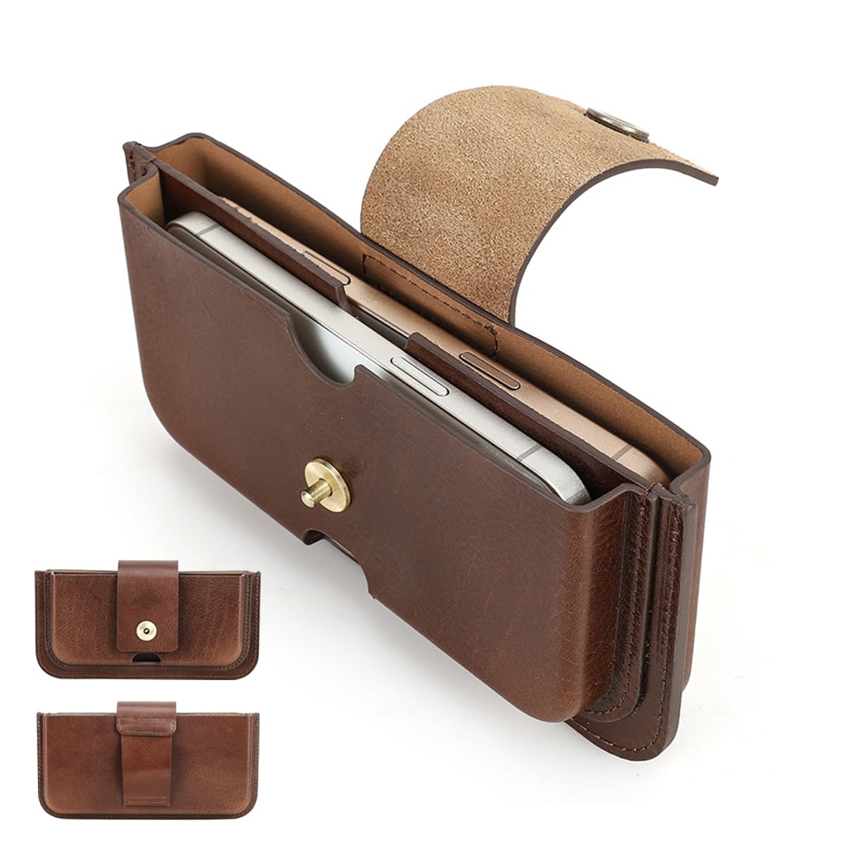 Herren Echtleder Handy Holster Gürteltasche, Handgefertigte 6.1/6.9 Zoll Dual Pocket Handy Gürtelholster, Kompakte Horizontale Handyholster Tragetasche für iPhone 16 15 14 Plus 13 12 Pro Max Coffee
