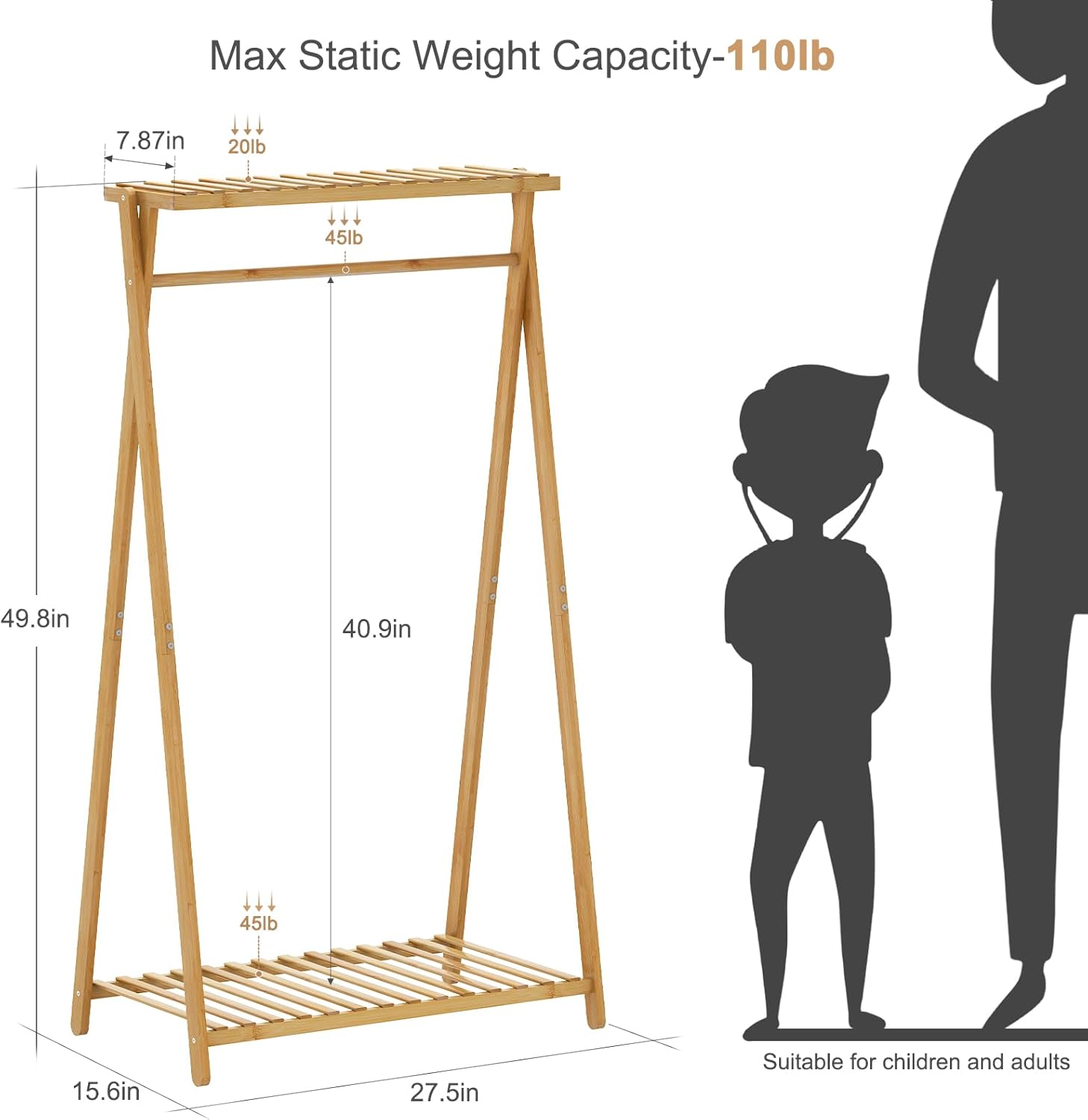 Bamboo Kids Clothing Rack,Small Dress Up Clothes Rack for Kids,Child Dress Up Rack with 2 Storage Shelves,Portable Garment Rack for Playroom Toddles Bedroom