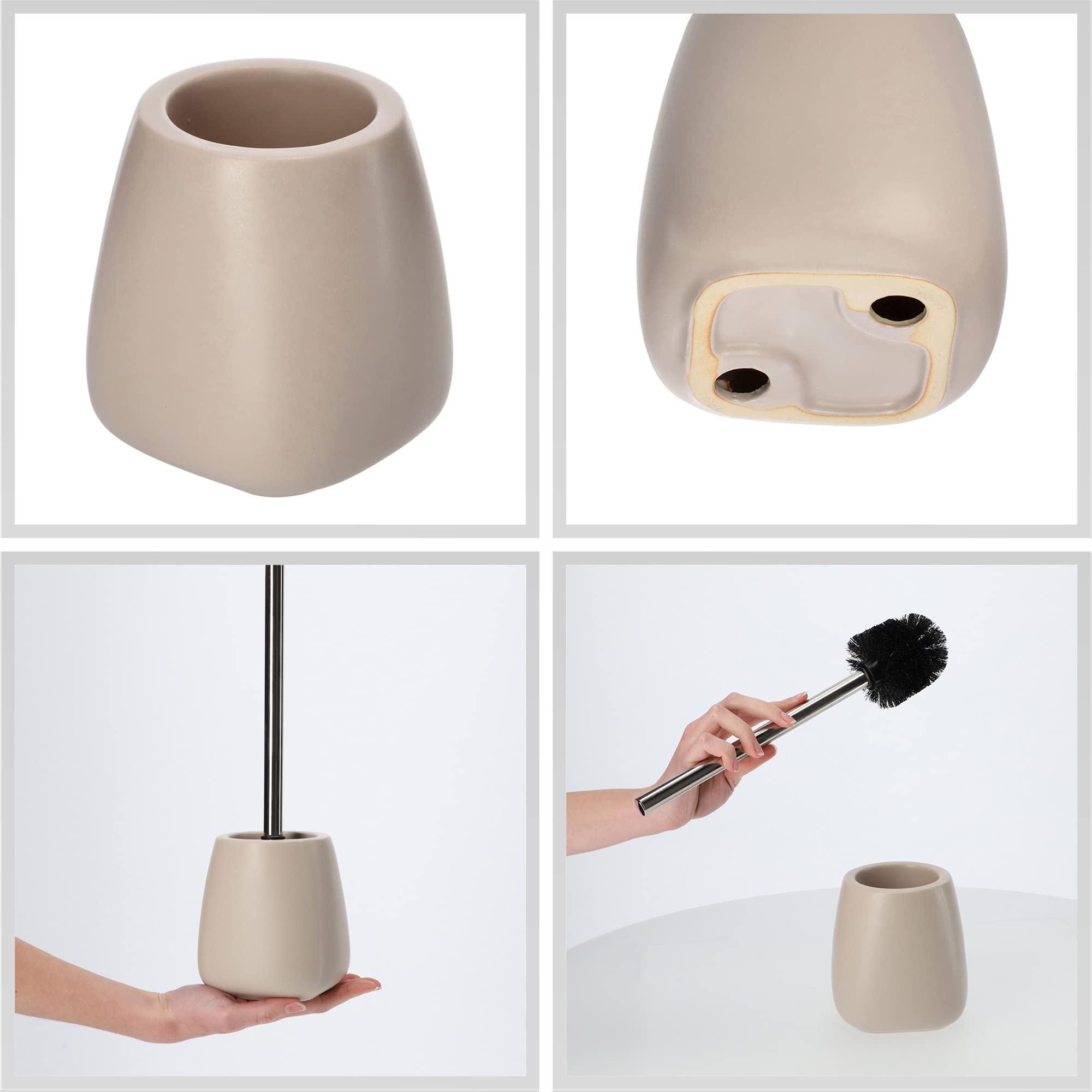 KADAX Escobilla de Baño con Base de Cerámica, Mango Largo de Acero y Cerdas Duraderas para una Limpieza Profunda de Inodoros (Set de 2, Beige)