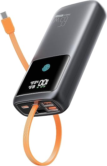 Portable Laptop Charger 24000mAh 65W w/USB C Built-in Cable Black | 65W Fast charging, LED display, Charge 4 devices at once, Pass through, TSA approved, Compatible with Macbook/Notebook/iPhone