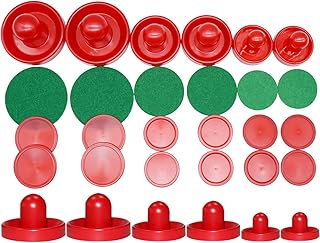 LZYMSZ Air Hockey Pushers, 6 Sets Light Weight Air Hockey Pushers and Pucks Slider Replacement Table Mallet Goalies Hockey Handles Ball, 3 Sizes Plastic Air Hockey Table Felt Pusher for Game Tables