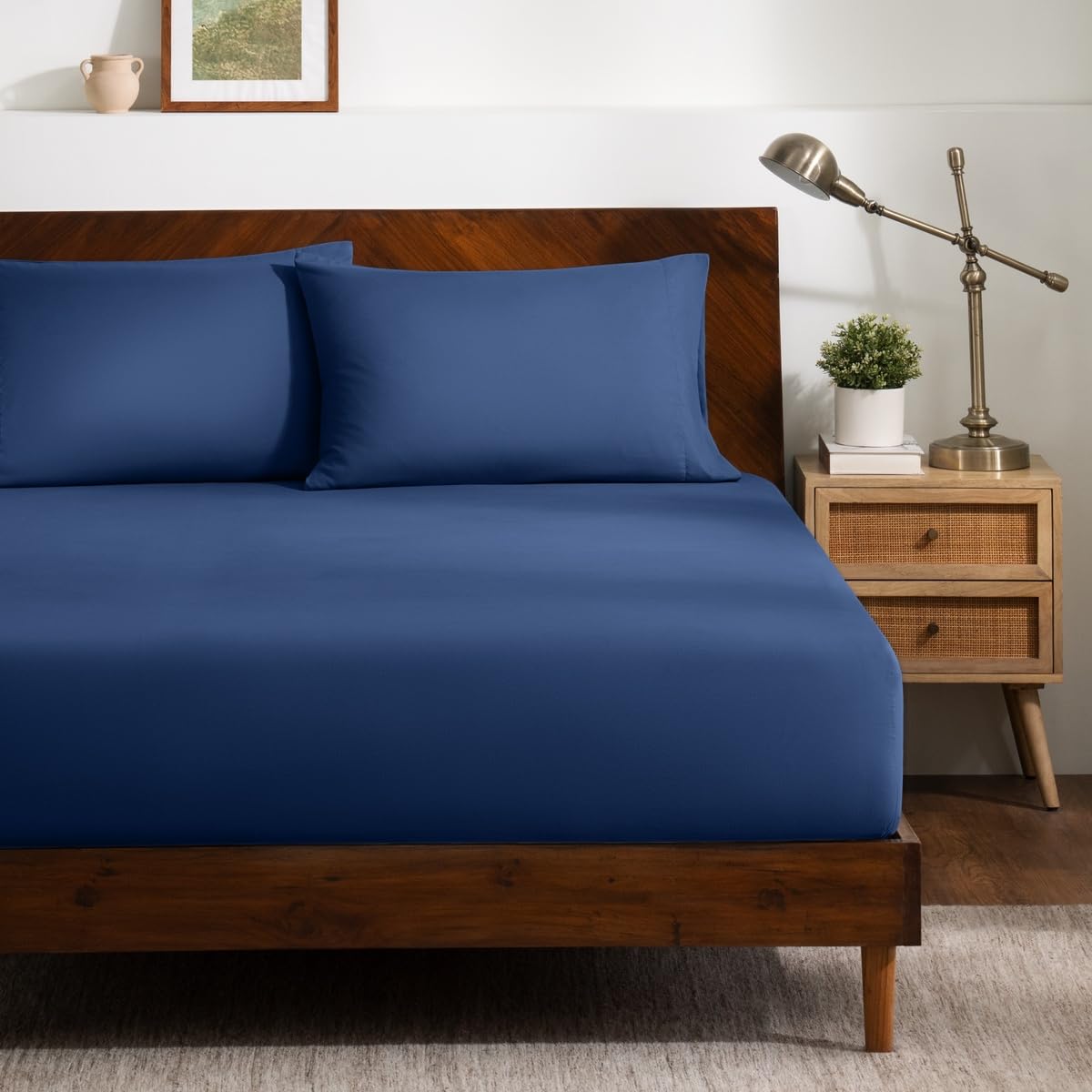Bare Home Fitted Sheet + Pillowcase Set (Split Head Flex King, Dark Blue)