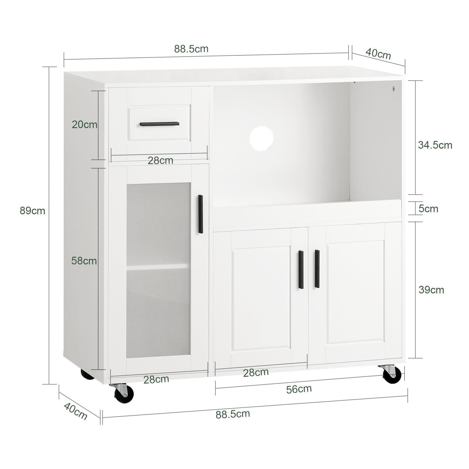 SoBuy Carrello da Cucina, Isola Cucina con Ruote, Mobili da Cucina, Supporto per Microonde, Carrello Mobile per Sala da Pranzo e Ufficio 88,5 x 40 x 89 cm Bianco FSB78-W