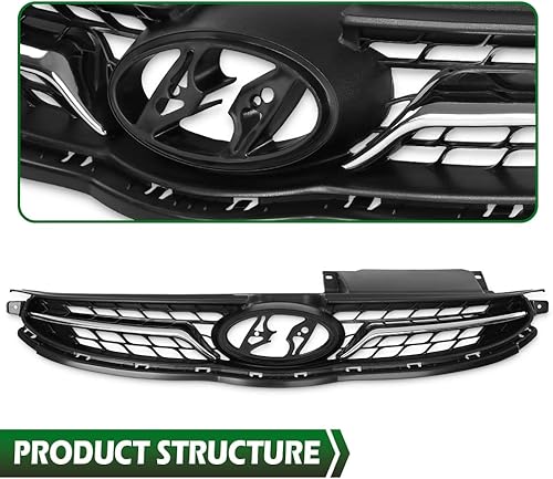 Vista 5 de GRAND ORANGE Parrilla de parachoques superior delantera de policarbonato negro compatible con Hyundai Elantra Sedan 3FGT15 2011-2013