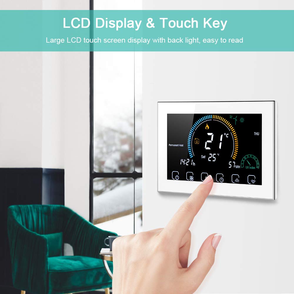 WiFi Raumthermostat für Gaskessel Thermostat mit 4,8 Zoll LCD-Bildschirm 5+1+1 Programmierbar Wandthermostat Kompatibel mit Alexa Google Home