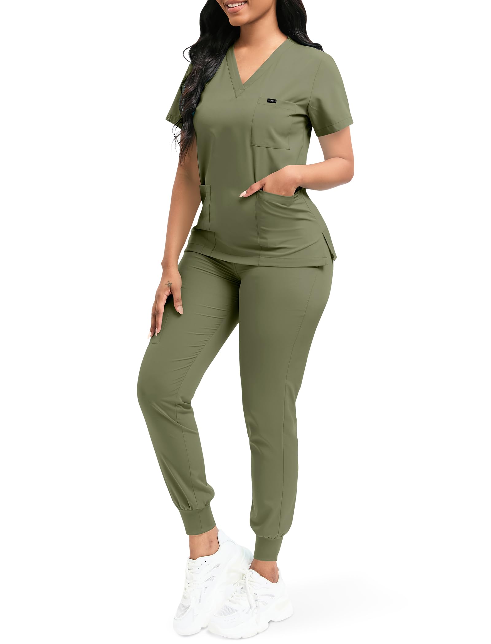 niaahinn Scrubs for Women Set Classic V-Neck Top and Yoga Jogger Pant Medical Nursing Uniform Scrubs Set (Olive Green, XXL)