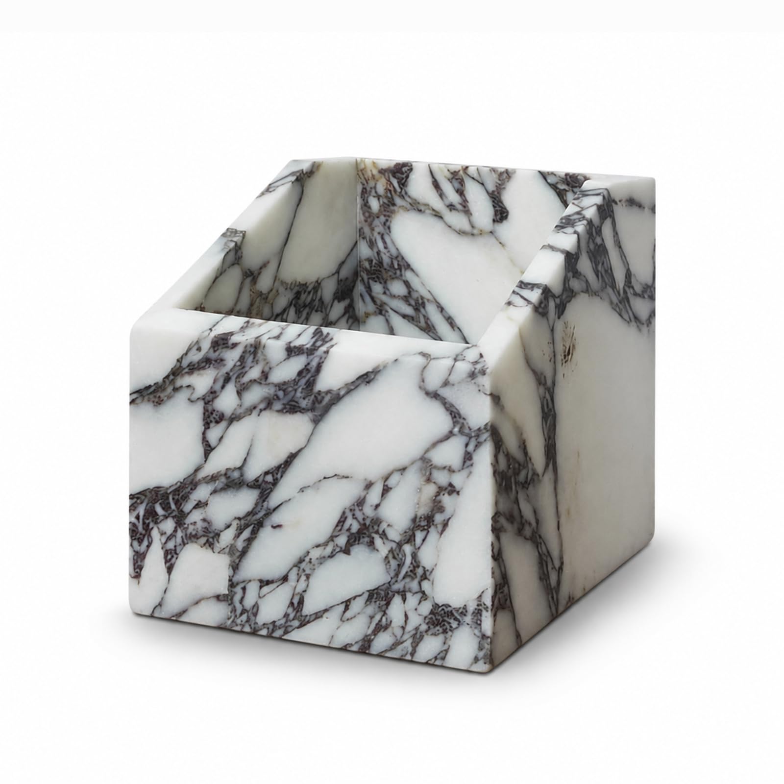 Organizador de colección de mármol, patrón de mármol blanco y morado, soporte de almacenamiento multiusos para brochas de maquillaje, perfumes, papelería, diseño de apertura inclinada