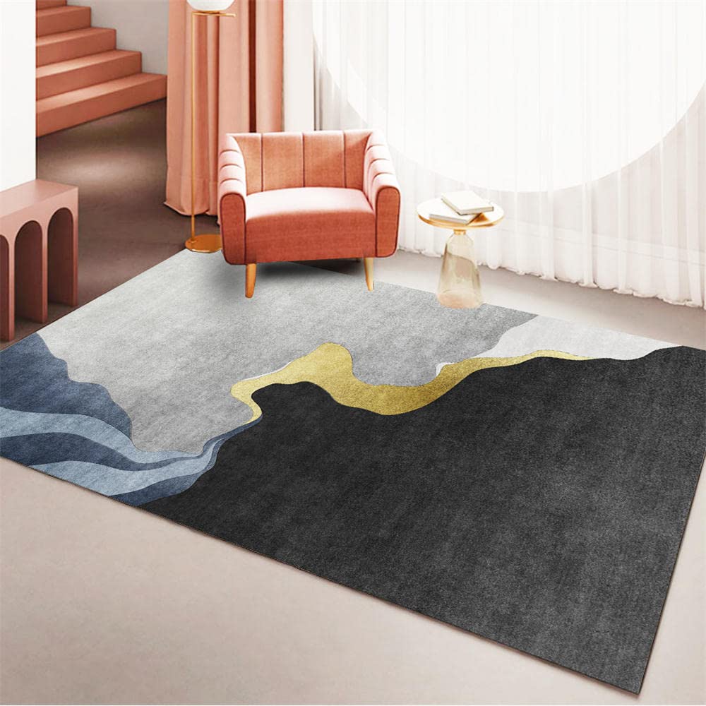 Tapis salon poil ras 50x80cm au design graphique bleu et noir pour chambre ado fille