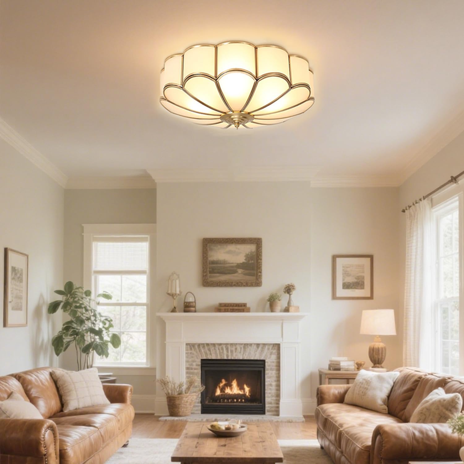 MIXL-Mid Century Brass Flush Mount Ceiling Light,14 Inch Bedroom Light Fixture,Vintage Style Ceiling Lamp for Living Room and Entyrway