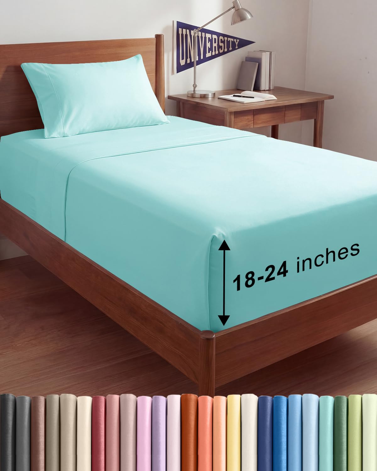 extra deep twin xl sheet set - 3 piece college dorm bed sheets - ultra-soft, breathable & cooling - easily fits 18 to 24 inch mattress - wrinkle free & fade resistant w/ extra deep pockets - spa blue