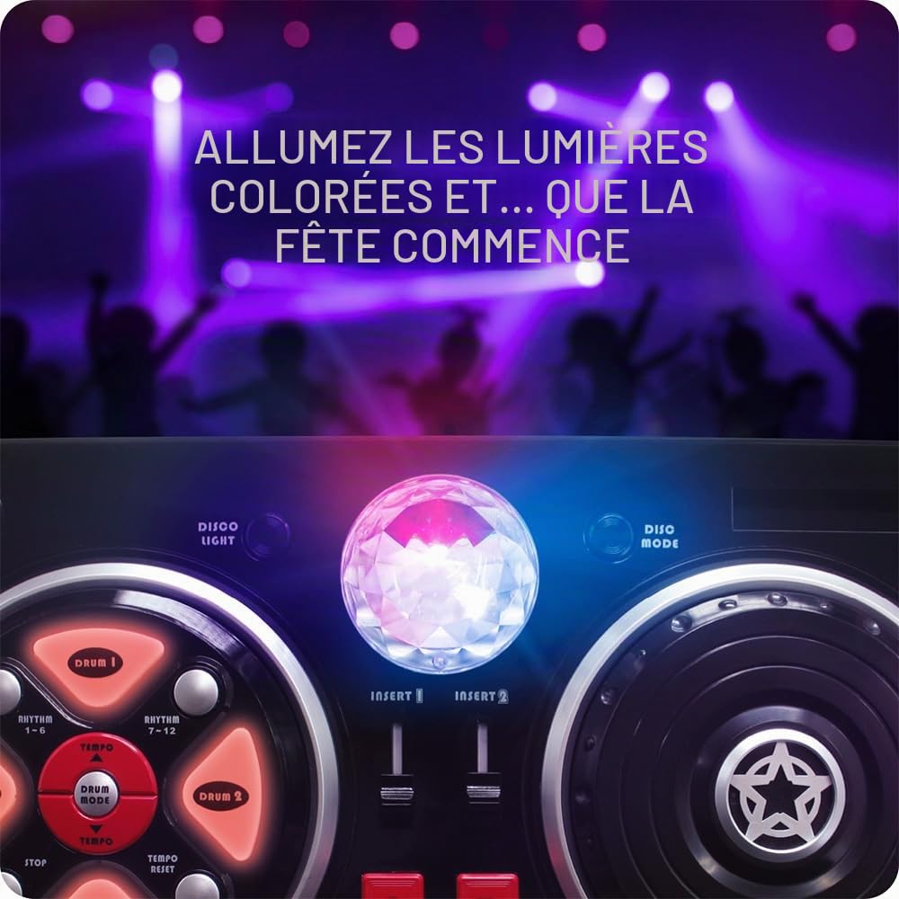 Deqube - Table de mixage DJ avec différentes bases et effets, comprend une boule lumineuse disco, connexion Bluetooth aux appareils, couleur noire, moyen (916D00040)