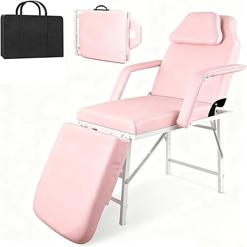 Portable Tattoo Chair, Adjustable Massage Facial Bed with Removable Headrest & Armrest, Foldable Spa Chair with Carry Bag, 73 Inch Esthetician Bed for Salon Beauty Barber Spa Tattoo (Pink)