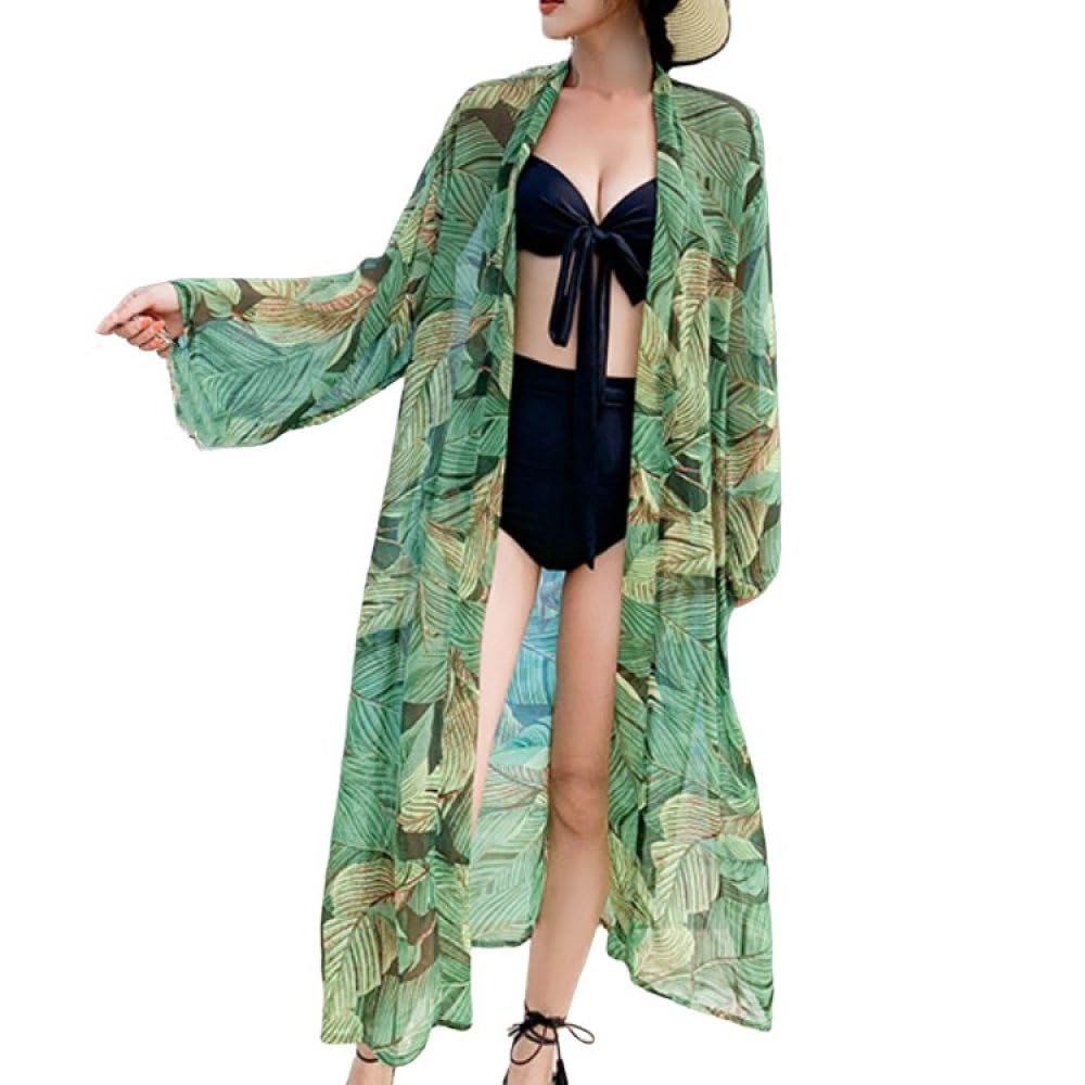 CuLtP Cárdigan De Kimono para Mujer, Estampado Floral De Gasa, Cárdigans Largos De Kimono, Ropa De Playa, Traje De Baño con Frente Abierto, Bikini Bohemio, Chal, Capas, Tops