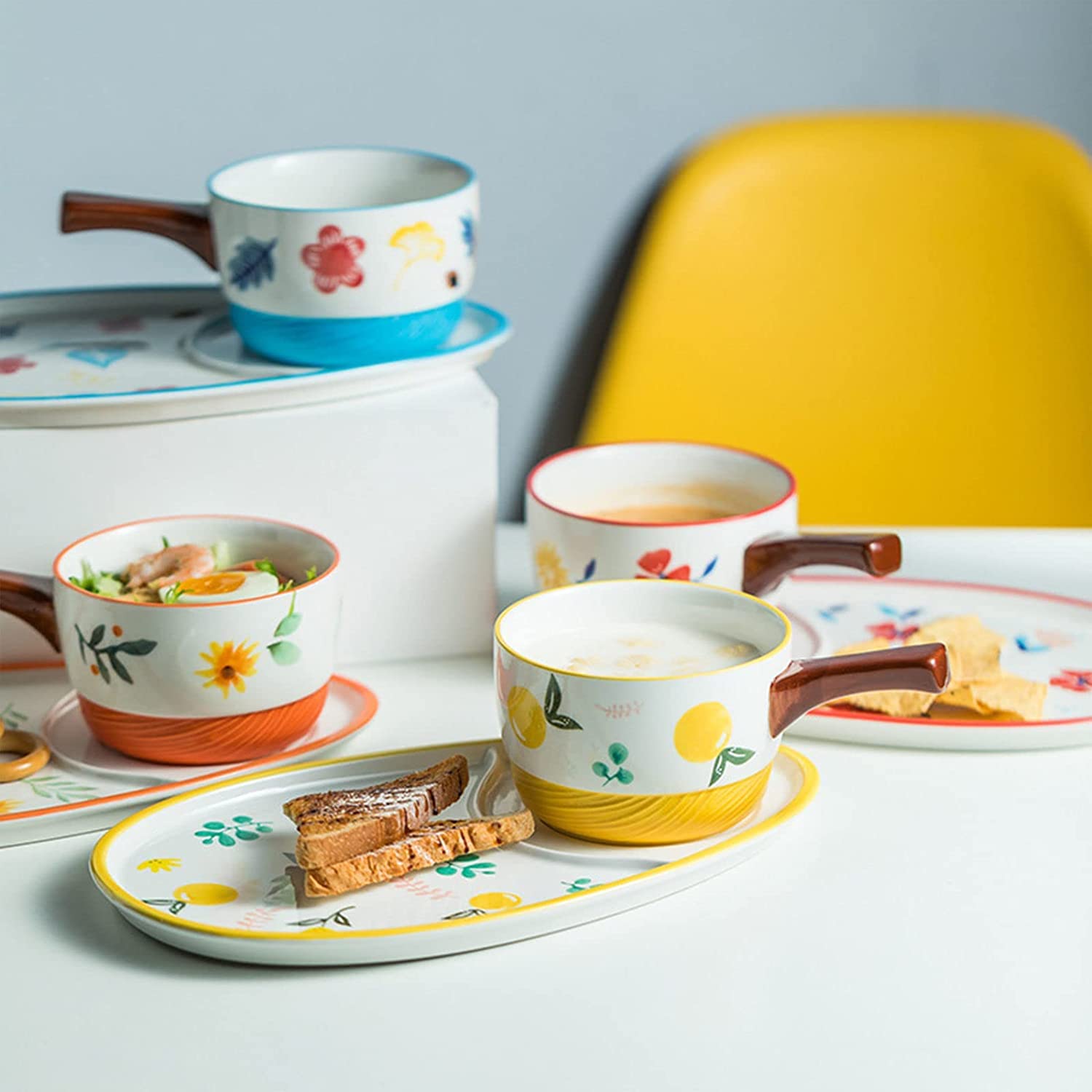HEAGER Keramik Schüssel, Suppe Schüssel, Keramik-Cremesuppenschüsseln und -Untertassen, Teller- und Schüssel-Set for 1 Person, Frühstücksschüsseln mit Crackerhalter.-rot
