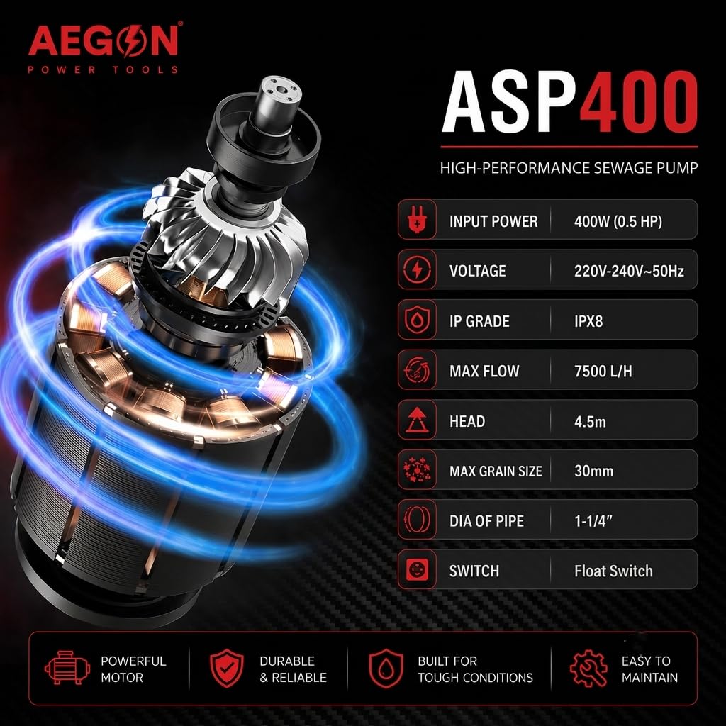 Aegon ASP400, Single Phase IPX8, 0.5Hp, 400W Pure Copper Submersible Sewage Pump | Water Drain Pump with Float Switch - 7500 L/H, Head 4.5mtr (Dark Purple) 2