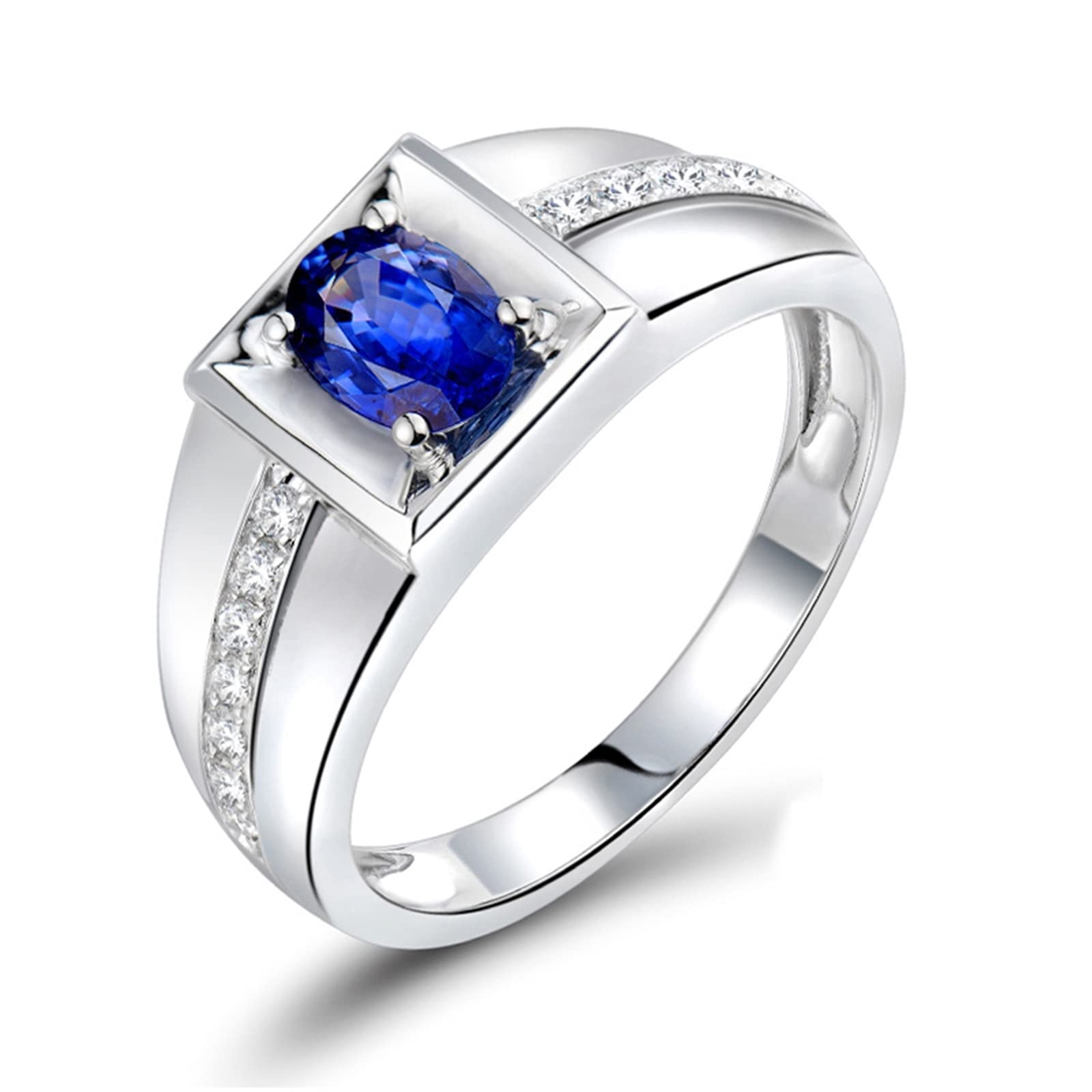 Samavt 18K Gold Engagement Ring Au750, Wedding Rings for Men 0.6ct Oval Cut Blue Sapphire with 0.14c
