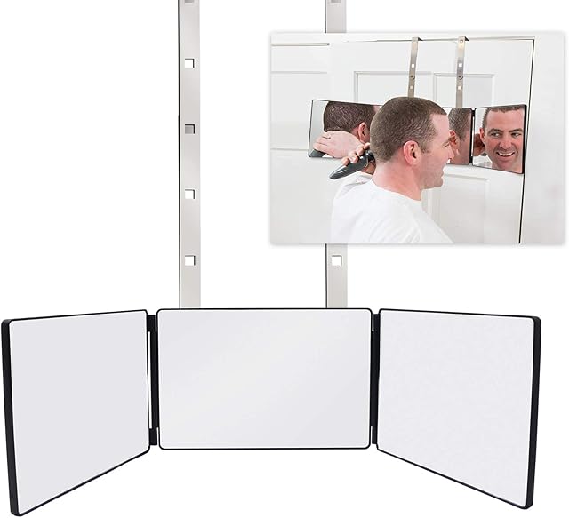 FASCINATE 3 Way Mirror for Hair Cutting, 360 Mirror With Adjustable Height Hooks for Makeup Shaving, DIY Haircut Tool are Good Gifts for Men Women