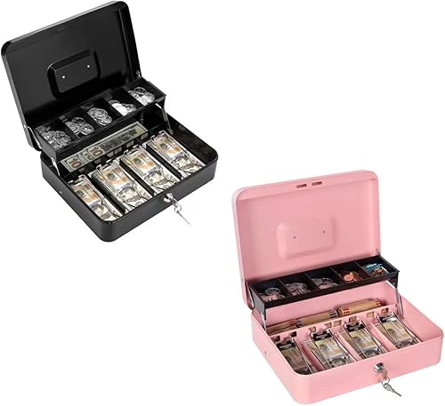 Geohiaul - Caja grande con cerradura y bandeja para dinero, color negro y rosa